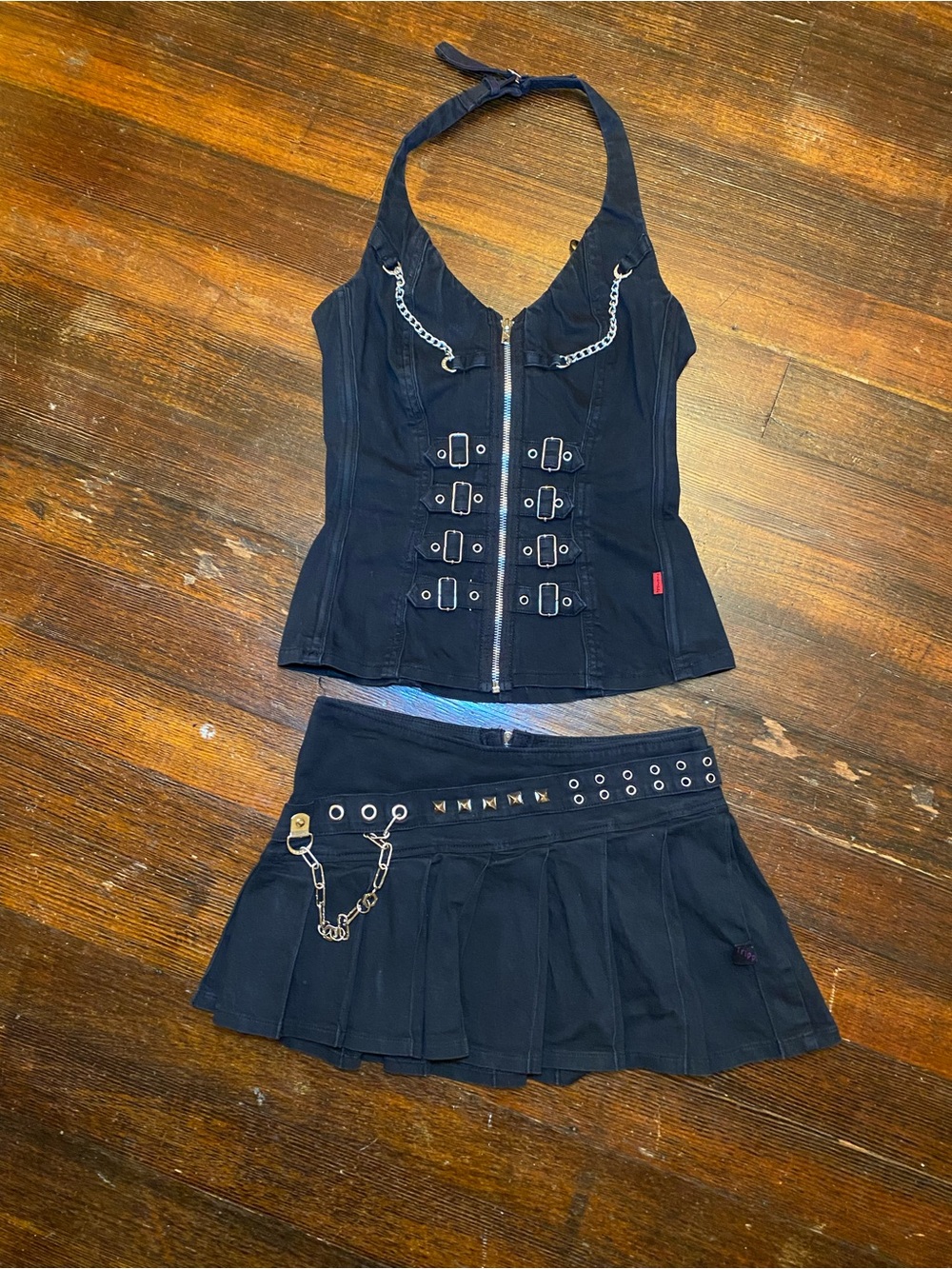 True Vintage 1990s Y2K TRIPP NYC Studded Pleated Mini Skirt and Zip Front Corset